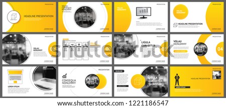 Presentation and slide layout background. Design yellow and orange gradient circle template. Use for business annual report, flyer, keynote, infographic, brochure.