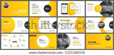 Presentation and slide layout background. Design yellow and orange gradient circle template. Use for business annual report, flyer, keynote, infographic, brochure.