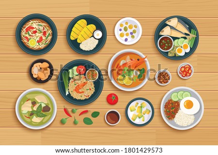 Thai food and ingredient on a wooden background. 商業照片 © 