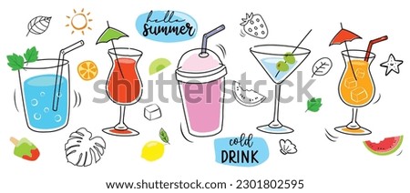 Tropical drinks summer set menu. Cold drinks with hand drawn illustration. Fruit smoothie, cocktails, alcoholic drinks.