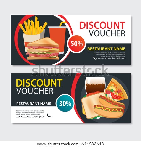 Discount voucher fast food template design. Set of pizza, sandwich, french fries, hot dog