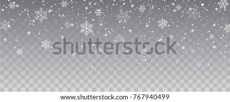 Snowflakes falling christmas decoration isolated background. White snow flying on transparent 