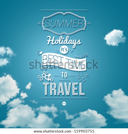 Summer holidays poster in cutout paper style. Sunny day background with clouds. Tourist poster.