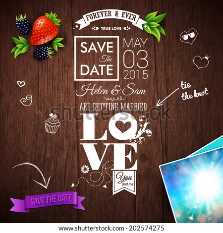 Save the date for personal holiday. Wedding invitation on wooden background. Vector image.