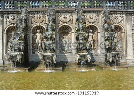 HANNOVER, GERMANY - JULY 25, 2013: Grand Cascade in the Herrenhausen Gardens. The royal gardens in Hannover are an internationally famous ensemble of garden arts and culture.