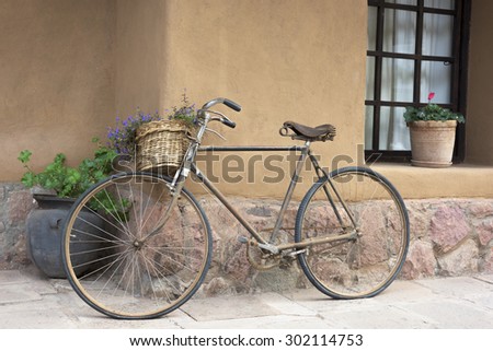 Vintage Bicycle with a basket full of blue Lobelia flowers