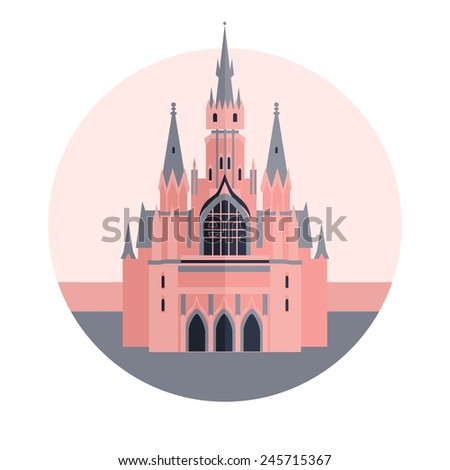 Vector color travel round icon with pink gothic castle in flat style.