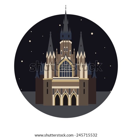 Vector color travel round icon with gothic castle in flat style at night