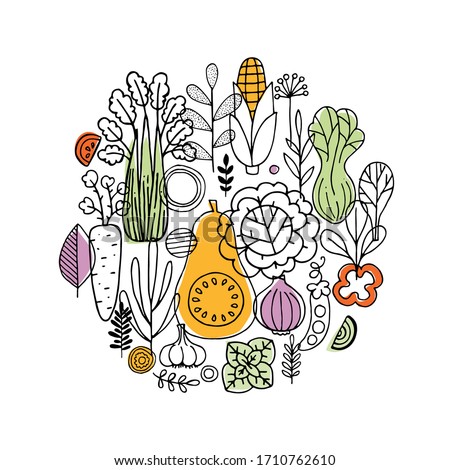 Various vegetables round composition. Linear graphic. Scandinavian minimalist style. Healthy food design. Vector illustration