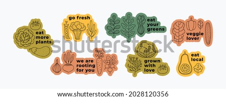 
Organic vegetables sticker collection. Set of vegetables and herbs. Farm slogans. Vector illustrations