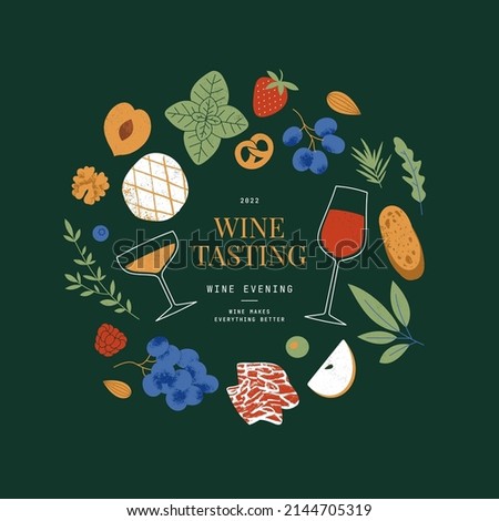 Wine tasting design template. Charcuterie board design template. Assortment of appetizers. Food banner. Antipasti.