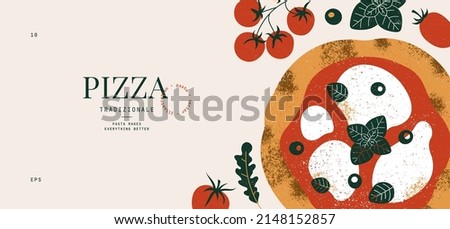 Italian pizza horizontal design template. Pizza Margherita with tomatoes and mozzarella. Vector illustration.