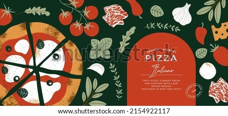 Italian pizza horizontal design template. Pizza Margherita with tomatoes and mozzarella on the dark background. Vector illustration.