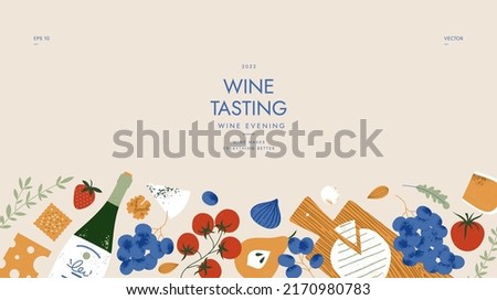 Charcuterie board background. Assortment of wine appetizers. Antipasti board. Vector illustration.