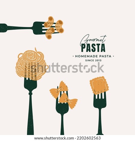Forks with various pasta. Italian food design template. Textured vintage illustration.