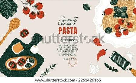 Italian pasta ingredients. Spaghetti and bruschetta table background. Vintage style. Vector illustration.