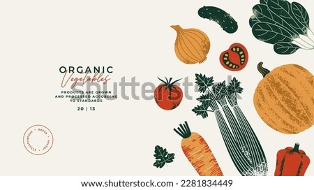 Vegetables horizontal background. Tomatoes with onion and celery with pumpkin and spinach. Vector textured illustration.