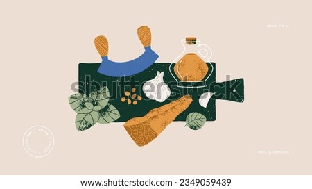 Traditional italian pesto sauce ingredients. Parmesan cheese with basil and garlic on a cutting board. Vector illustration.