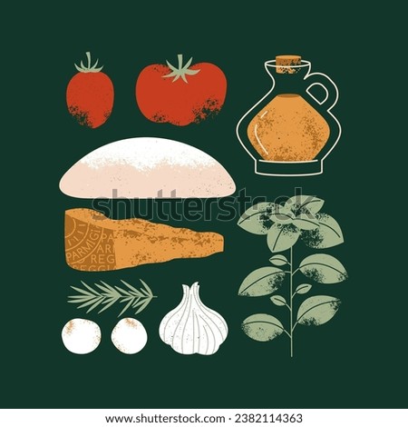 Italian pizza ingredients. Dough and parmesan cheese with tomato and basil. Food textured composition.