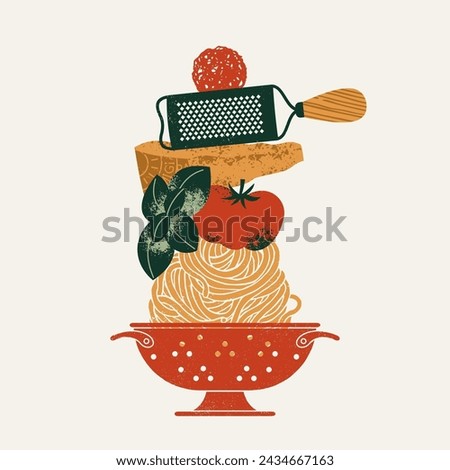 A pile of pasta ingredients. Colander with spaghetti and tomato with basil and parmesan cheese