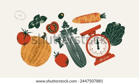 Kitchen scale with the various food. Pumpkin with tomato and basil with carrot and celery. Seamless pattern