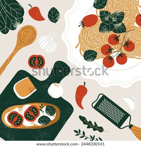 Italian food background. Bruschetta with a plate of pasta and other italian food elements