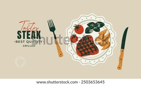 Grilled steak on a plate with potatoes and basil with tomatoes. Food design template