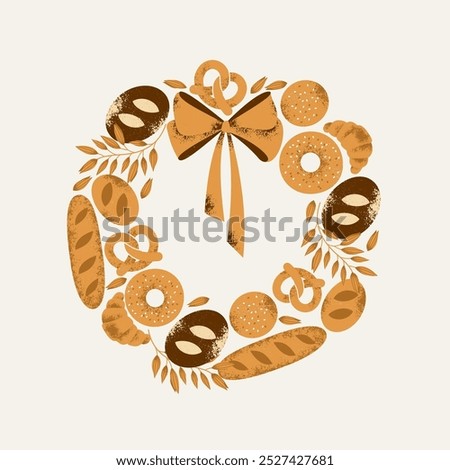 Christmas wreath made from various bread. Croissant and baguette