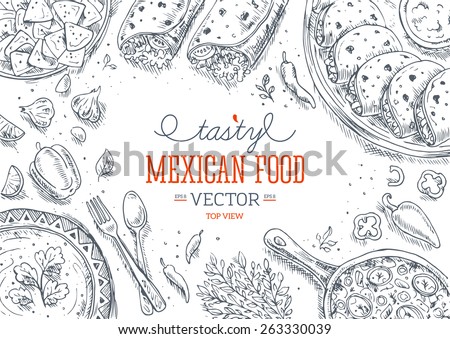 Mexican Food Frame. Linear graphic. Vector illustration