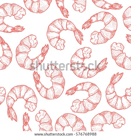Hand drawn seafood seamless pattern. Shrimp background Vintage sketch style prawn. Vector illustration
