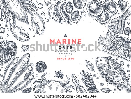 Seafood top view illustration. Fish restaurant table background. Engraved style illustration. Hero image. Vector illustration