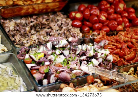 Variety of the Mediterranean food ready to eat on the market, Paris, France