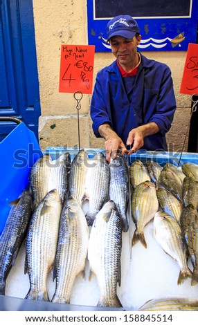 MARSEILLE, FRANCE - AUGUST 31: Fish vendor arranging his fish at Noailles market in Marseille on August 31st 2013 in Marseille, France