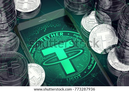 Smartphone with green Tether symbol on-screen among Tether coins. Tether concept coin & virtual wallet. 3D rendering Сток-фото © 