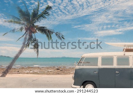 vintage van in the beach with a surfboard on the roof,vintage effect filter style pictures