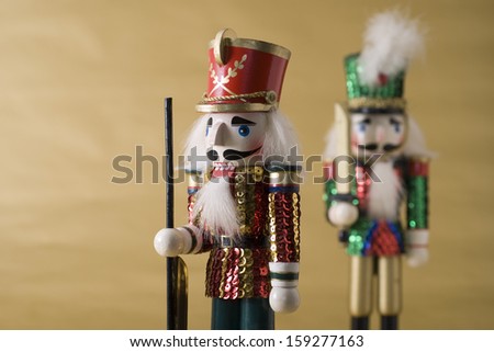 Selective focus on the foreground nutcracker soldier