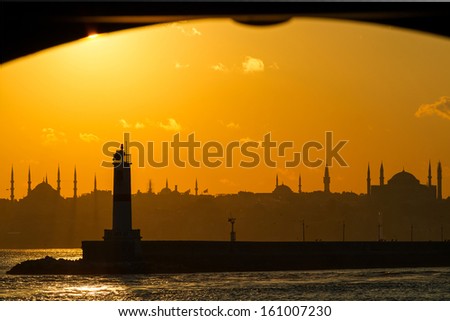 Istanbul silhouette. Blue Mosque and Hagia Sophia at sunset.