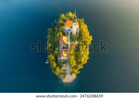 Similar – Image, Stock Photo Aerial view of Bled island on lake Bled, and Bled castle and mountains in background, Slovenia.