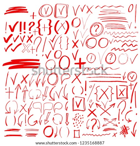 Hand drawn sketch red signs, icons, arrows, lines, handwritten design elements set isolated on white background