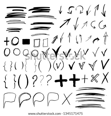 Hand drawn sketch doodle arrows, checkmarks, signs, icons, lines, brush strokes, brackets, speech bubbles, handwritten design elements set isolated on white background 