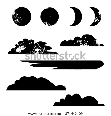 Clouds, sun, moon, half moon set. Sketch hand drawn isolated on white background