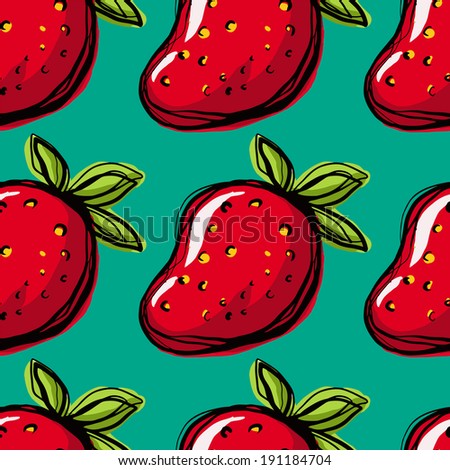 Seamless pattern with strawberry on green background. Endless print texture. Food. Fruit. Berry. Simple. Scribble. Cartoon hand drawing illustration - vector