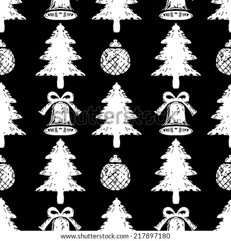 Holidays winter seamless pattern with Christmas tree, bells and balls. Abstract print ornament. Repeating background texture. Fabric design. Wallpaper