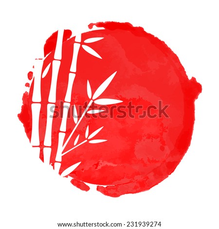 Bamboo trees white silhouettes and watercolor red circle paint stain isolated on a white background. Logo art design