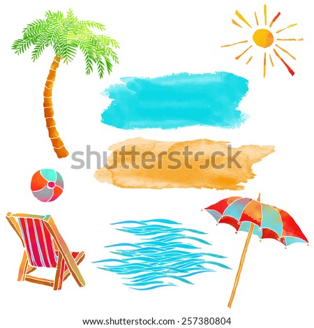 Watercolor summer beach set. Waves, sea, palm tree, sun, sun umbrella, ball, deck chair, sand isolated on white background 