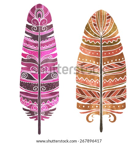 Hand painted watercolor bird feathers closeup isolated on white background set. Art scrapbook elements, vintage, tribal, sketch, hand drawn 