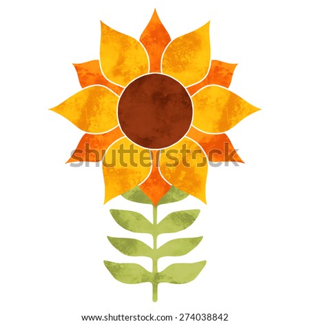 Hand painted watercolor growing flower sunflower and leaves closeup isolated on white background. Art logo design element, floral icon