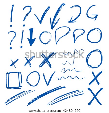 Hand drawn sketch blue marker, brushed signs, arrows, lines, shapes, handwritten, marker design elements set  isolated on white background

