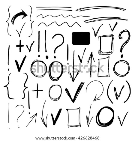 Hand drawn sketch black marker, brushed signs, arrows, lines, shapes, handwritten, marker design elements set  isolated on white background