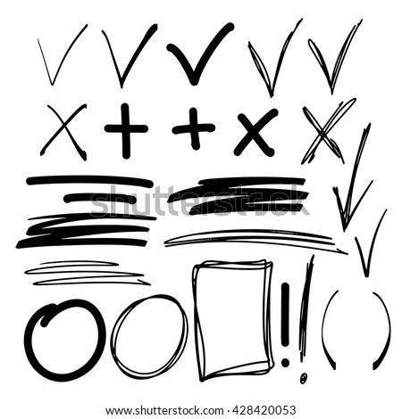 Hand drawn sketch black marker, brushed signs, arrows, lines, shapes, handwritten, marker design elements set isolated on white background